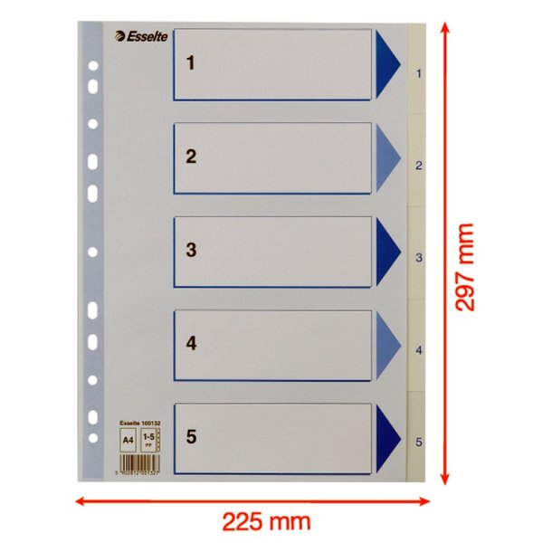Esselte A4 Register - Kraftig pp - 1-5 - med pile-design - hvid