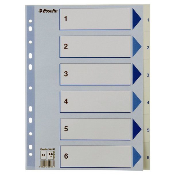 Esselte A4 Register - Kraftig pp - 1-6 - med pile-design - hvid