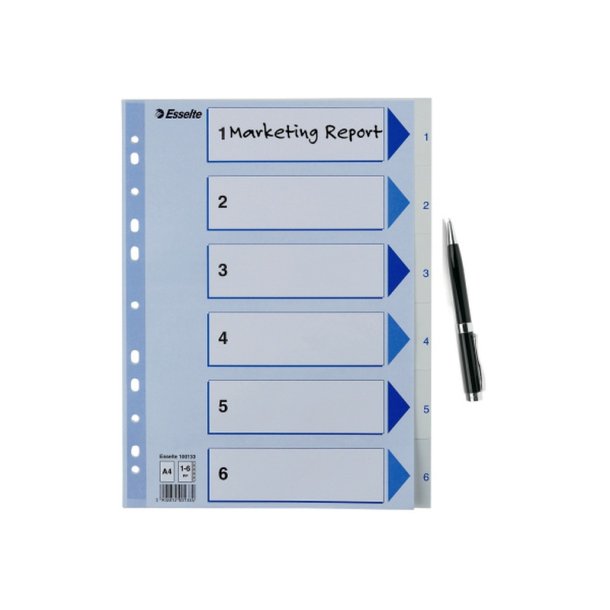 Esselte A4 Register - Kraftig pp - 1-6 - med pile-design - hvid