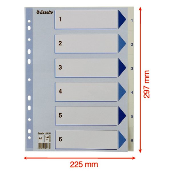 Esselte A4 Register - Kraftig pp - 1-6 - med pile-design - hvid