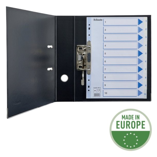 Esselte Register PP A4 1-10 hvid Kraftig hvid PP-folie - forstrket hulkanten - Pile-design.