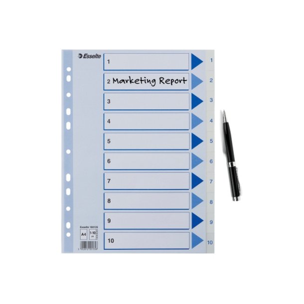 Esselte Register PP A4 1-10 hvid Kraftig hvid PP-folie - forstrket hulkanten - Pile-design.