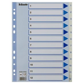 Esselte Register PP A4 1-12 hvid Kraftig hvid PP-folie - forstrket hulkanten - Pile-design.