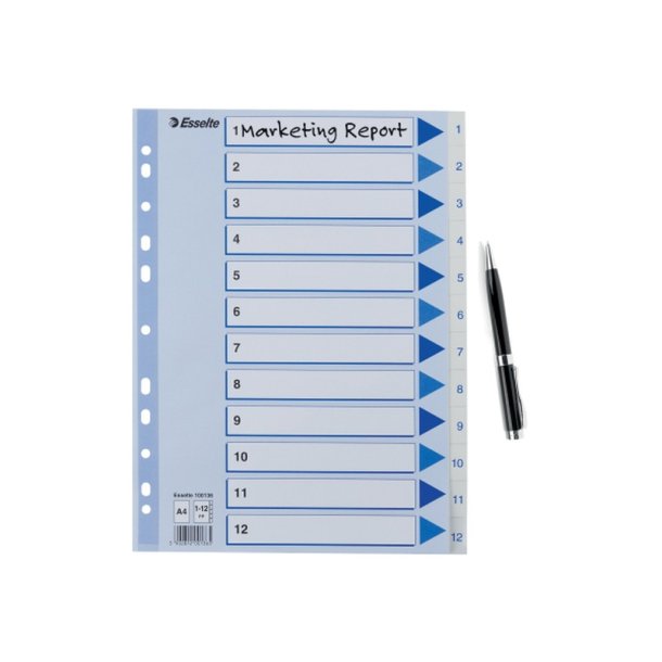 Esselte Register PP A4 1-12 hvid Kraftig hvid PP-folie - forstrket hulkanten - Pile-design.