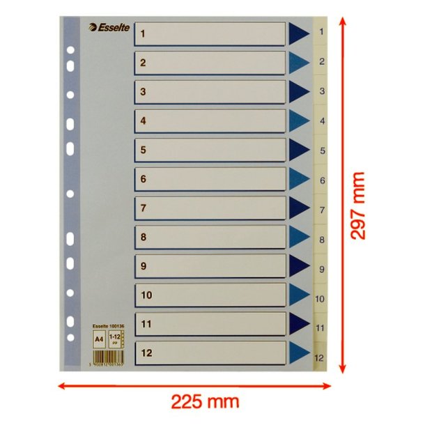Esselte Register PP A4 1-12 hvid Kraftig hvid PP-folie - forstrket hulkanten - Pile-design.