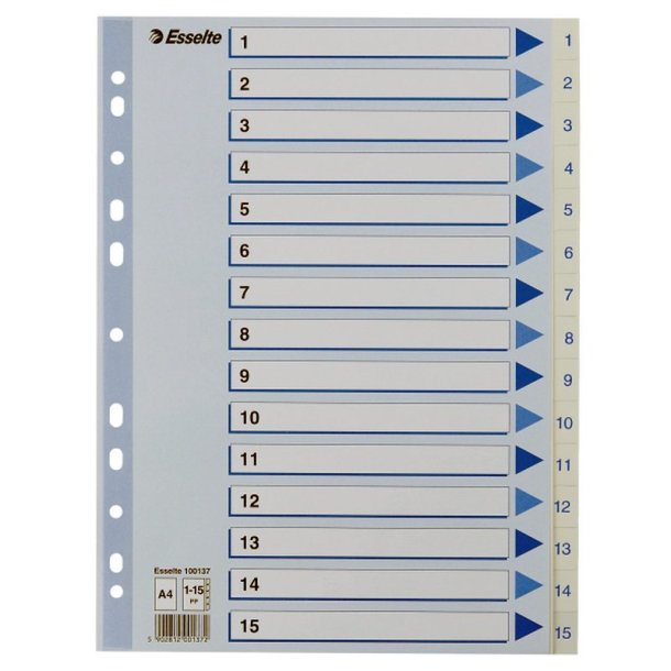 Esselte Register PP A4 1-15 hvid Kraftig hvid PP-folie - forstrket hulkanten - Pile-design.