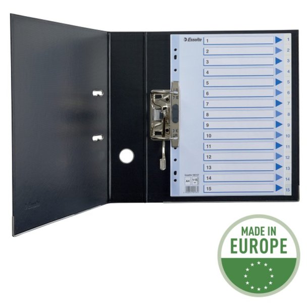 Esselte Register PP A4 1-15 hvid Kraftig hvid PP-folie - forstrket hulkanten - Pile-design.