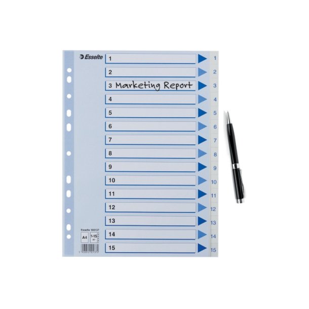 Esselte Register PP A4 1-15 hvid Kraftig hvid PP-folie - forstrket hulkanten - Pile-design.