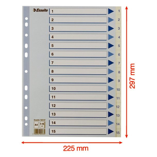 Esselte Register PP A4 1-15 hvid Kraftig hvid PP-folie - forstrket hulkanten - Pile-design.