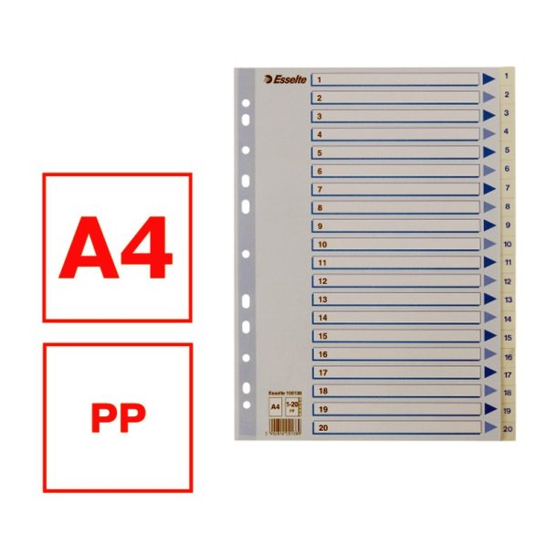Esselte Register PP A4 1-20 hvid Kraftig hvid PP-folie - forstrket hulkanten - Pile-design.