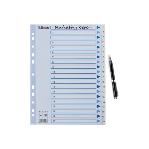Esselte Register PP A4 1-20 hvid Kraftig hvid PP-folie - forstrket hulkanten - Pile-design.