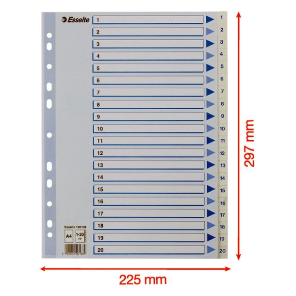 Esselte Register PP A4 1-20 hvid Kraftig hvid PP-folie - forstrket hulkanten - Pile-design.