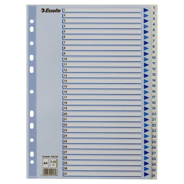 Esselte Register PP A4 1-31 hvid Kraftig hvid PP-folie - forstrket hulkanten - Pile-design.