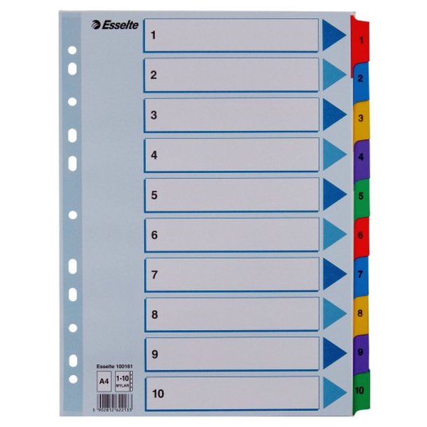 Esselte A4 Register - Mylar - strk karton - 1-10 - hvid