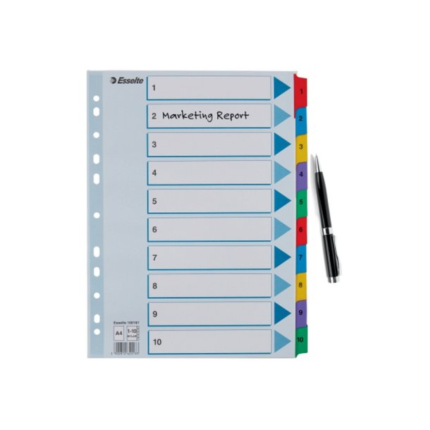 Esselte A4 Register - Mylar - strk karton - 1-10 - hvid