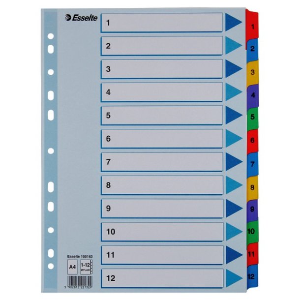 Esselte A4 Register - Mylar - strk karton - 1-12 - hvid