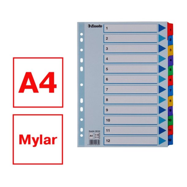 Esselte A4 Register - Mylar - strk karton - 1-12 - hvid