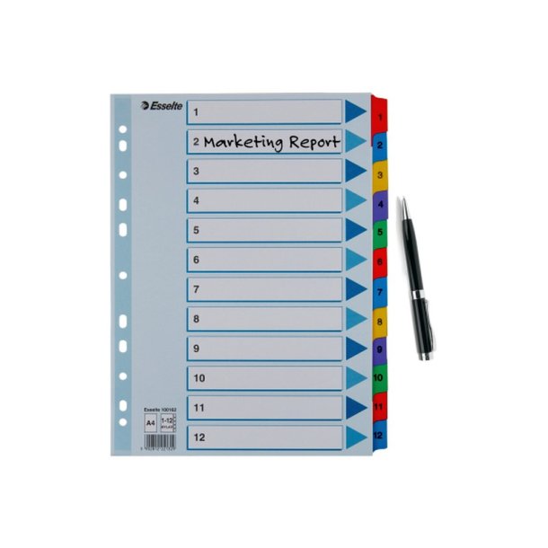 Esselte A4 Register - Mylar - strk karton - 1-12 - hvid