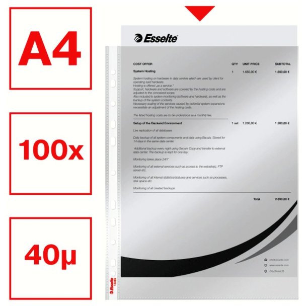 Esselte plastlommer A4 - 40my - glasklar - 100 stk.
