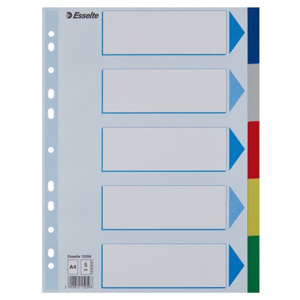 Esselte A4 Faneblade - PP - 5-delt - Farvede faner