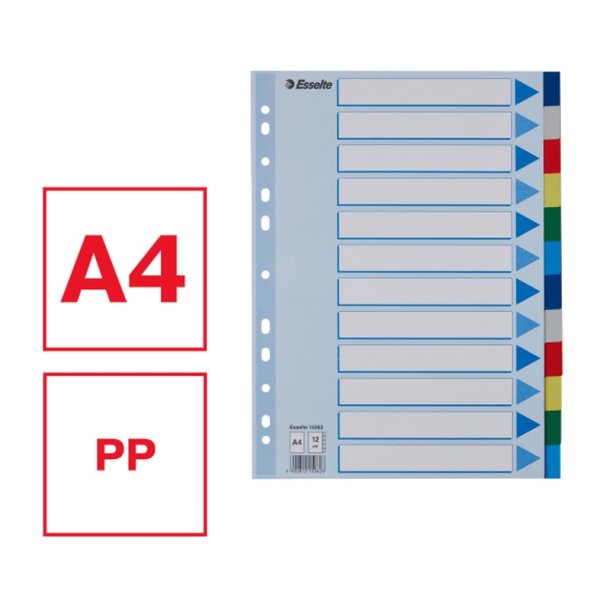 Esselte A4 Faneblade - PP - 12-delt - Farvede faner