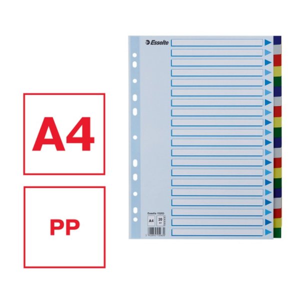 Esselte A4 Faneblade - PP - 20-delt - Farvede faner