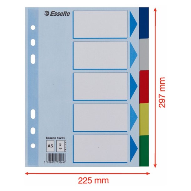 Esselte A5 Faneblade - PP - 5-delt - Farvede faner