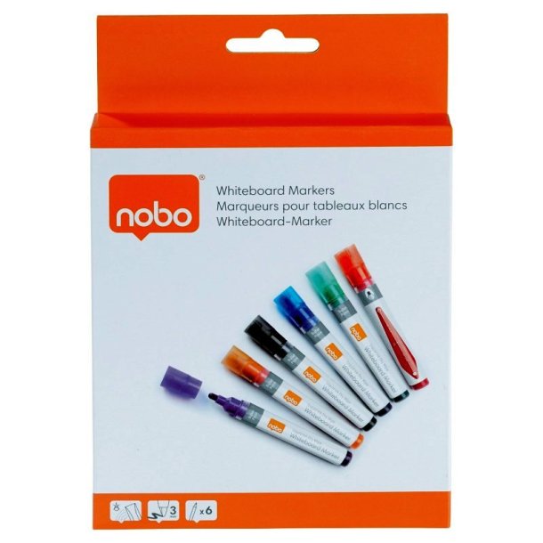 Nobo Whiteboard Marker - LiquidInk - rund spids - 3mm - assorteret farver - 6 stk.