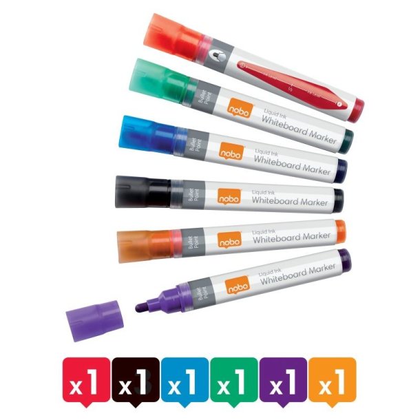 Nobo Whiteboard Marker - LiquidInk - rund spids - 3mm - assorteret farver - 6 stk.