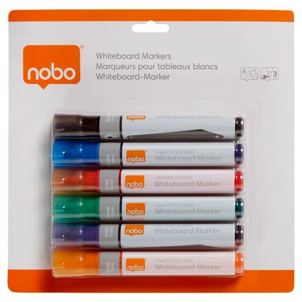 Nobo Whiteboard Marker - LiquidInk - rund spids - 3mm - assorteret farver - 6 stk.