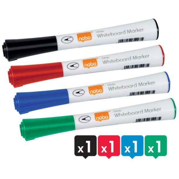 Nobo Whiteboard Marker - Glide fin - rund spids - 1mm - assorteret farver - 4 stk.