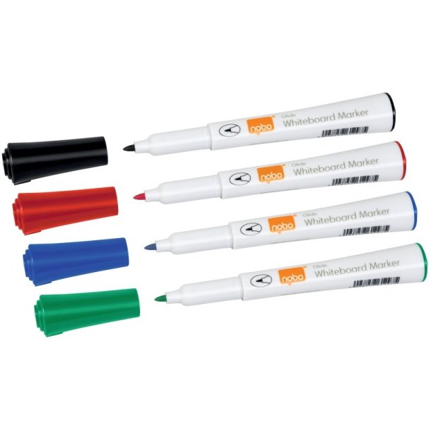 Nobo Whiteboard Marker - Glide fin - rund spids - 1mm - assorteret farver - 4 stk.