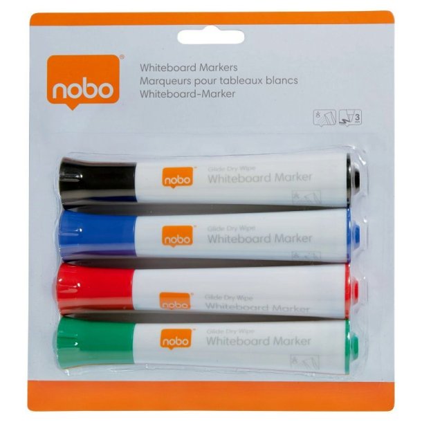 Nobo Whiteboard Marker - Glide - rund spids - 2mm - assorteret farver - 4 stk.