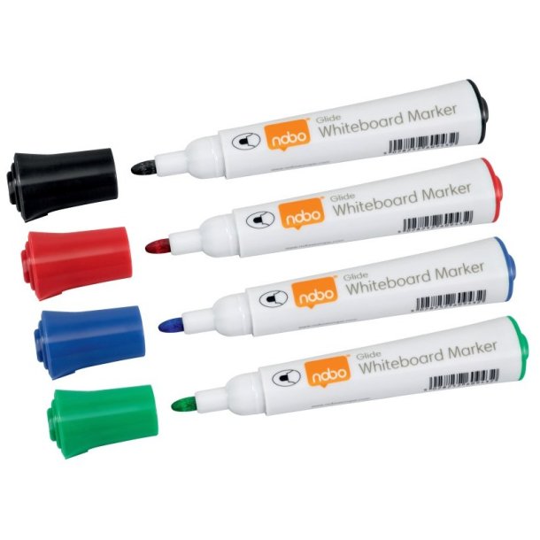 Nobo Whiteboard Marker - Glide - rund spids - 2mm - assorteret farver - 4 stk.