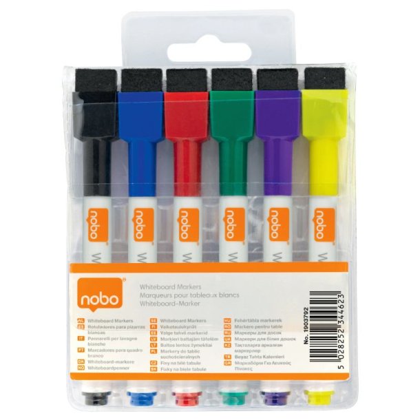 Nobo Whiteboard Marker - mini fin rund spids - 2mm - assorteret farver - 6 stk.