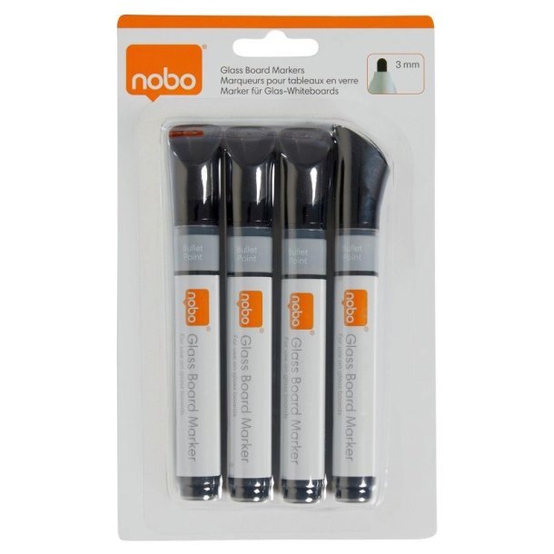 Nobo Whiteboard Marker - til glastavle - rund spids - 3mm - sort - 4 stk.