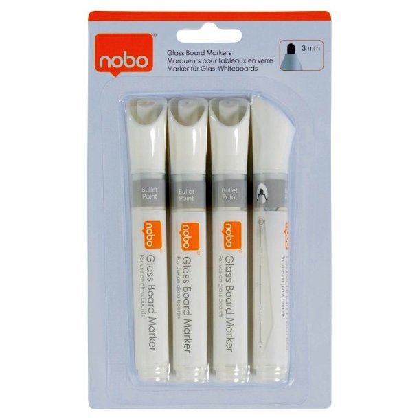 Nobo Whiteboard Marker - til glastavle - rund spids - 3mm - hvid - 4 stk.