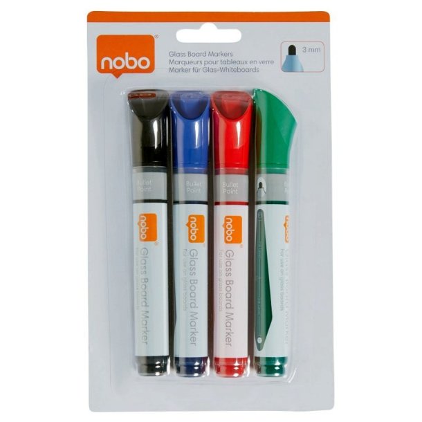 Nobo Whiteboard Marker - til glastavle - rund spids - 3mm - assorteret farver - 4 stk.