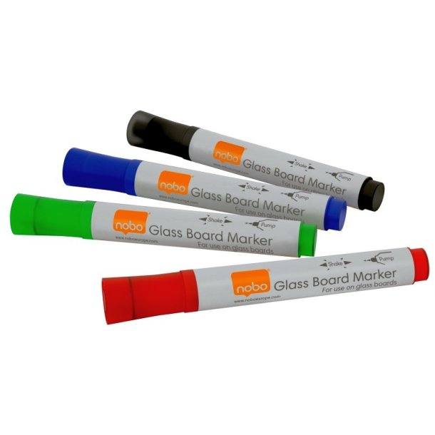 Nobo Whiteboard Marker - til glastavle - rund spids - 3mm - assorteret farver - 4 stk.