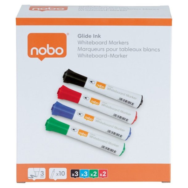 Nobo Whiteboard Marker - Glide - rund spids - 2mm - assorteret farver - 10 stk.