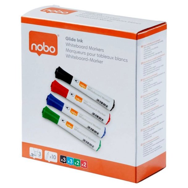 Nobo Whiteboard Marker - Glide - rund spids - 2mm - assorteret farver - 10 stk.