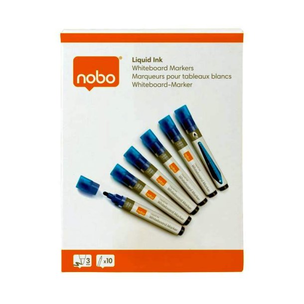 Nobo Whiteboard Marker - LiquidInk - rund spids - 3mm - bl - 10 stk.