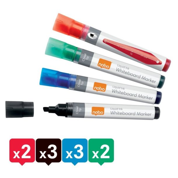 Nobo Whiteboard Marker - LiquidInk - Skr spids - 4mm - assorteret farver - 10 stk.