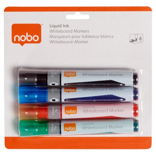 Nobo Whiteboard Marker - LiquidInk - Skr spids - 4mm - assorteret farver - 4 stk.