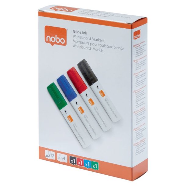 Nobo Whiteboard Marker - Glide Jumbo - Skr spids - 10mm - assorteret farver - 4 stk.