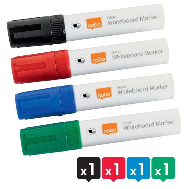 Nobo Whiteboard Marker - Glide Jumbo - Skr spids - 10mm - assorteret farver - 4 stk.