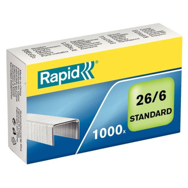 Rapid Hfteklammer - 26/6 - standard galvaniseret - hfter op til 20 ark - 1000 stk.