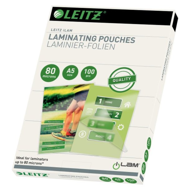 Leitz A5 Lamineringslommer<br>80my Skinnende<br>Egnet til varmlaminering<br>100 stk. i pakke