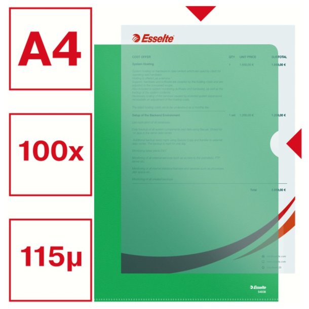 Esselte A4 Omslag - 105my - PP - prget - grn - 100 stk.
