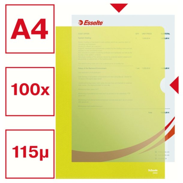 Esselte A4 Omslag - 105my - PP - prget - gul - 100 stk.